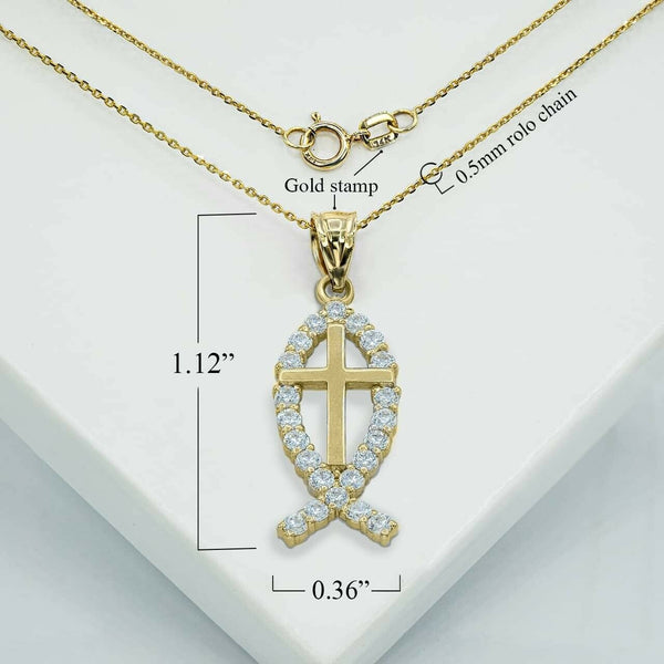 10K Solid Gold Christian Cross Jesus Christ Ichthus Fish Pendant Necklace