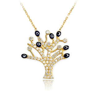 14K Gold Evil Eye CZ Pave Tree of Life Adjustable Necklace