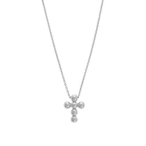 14K Solid White Gold Mini Small Bead Cross Necklace - Adjustable  16"-18