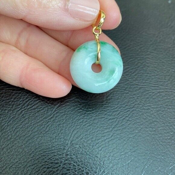 14K Solid Yellow Gold Small Round Donut Natural Jade Pendant Necklace