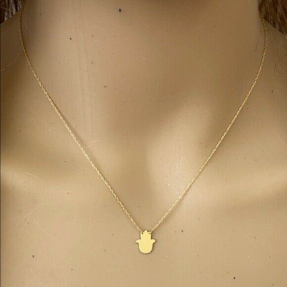 14K Solid Real Yellow Gold Mini Small God's Hand Center Necklace - Adjustable