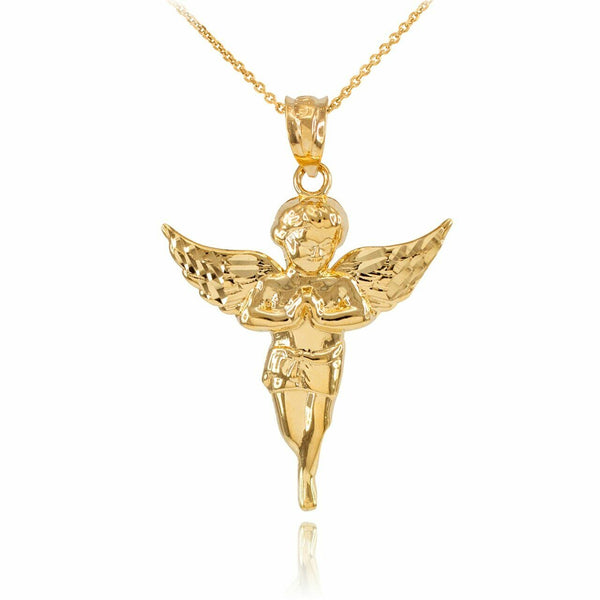 10k Solid Yellow Gold Diamond Cut Angel Small Pendant Necklace