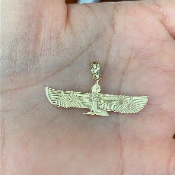 10K Solid Gold Egyptian ISIS Goddess of Life and Magic Winged Pendant Necklace