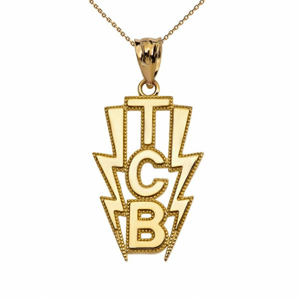 10K Solid Yellow Gold Taking Care of Business In A Flash (TCB) Pendant Necklace