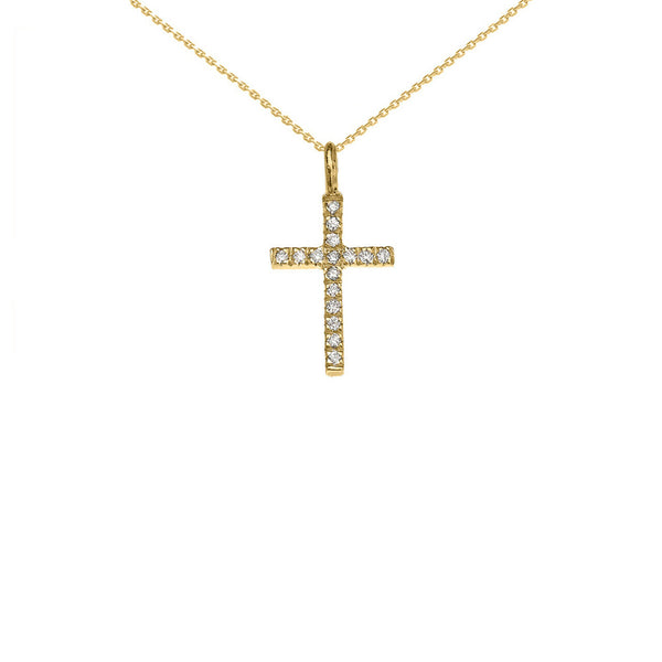 10k Solid Yellow Gold Mini Elegant Diamond Cross Pendant Necklace