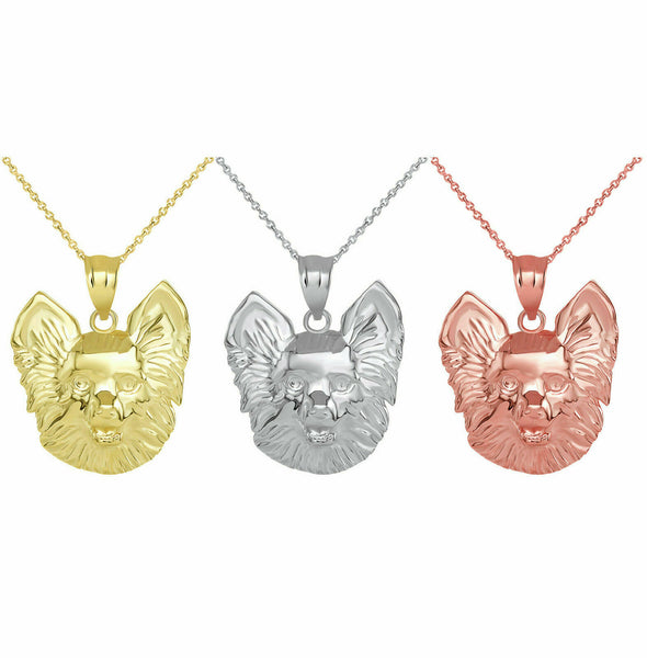 Solid Gold Dog Pomeranian Head Detailed Dog Sports Pendant Necklace