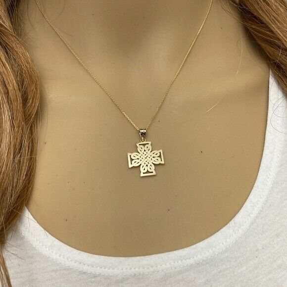 10K Solid Gold Religious Woven Celtic Knot Cross Unique Style Pendant Necklace