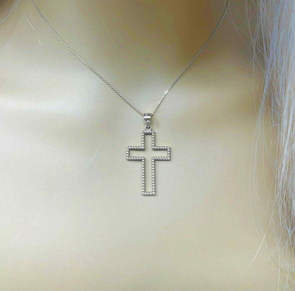 10k or 14k Solid Gold Two Sided Beaded Open Cross 1.5" Pendant Necklace