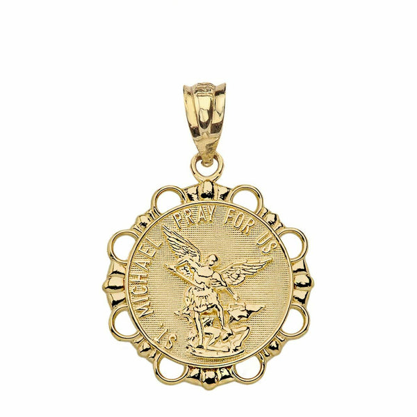 10k Solid Yellow Gold St.Saint Michael Pray For Us Round Circle Pendant Necklace