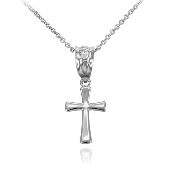 14K Solid White Gold Round Mini Small Cross Pendant Necklace 16" 18" 20" 22"
