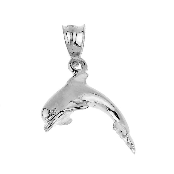 10k Solid White Gold Shinning Dolphin Pendant Necklace