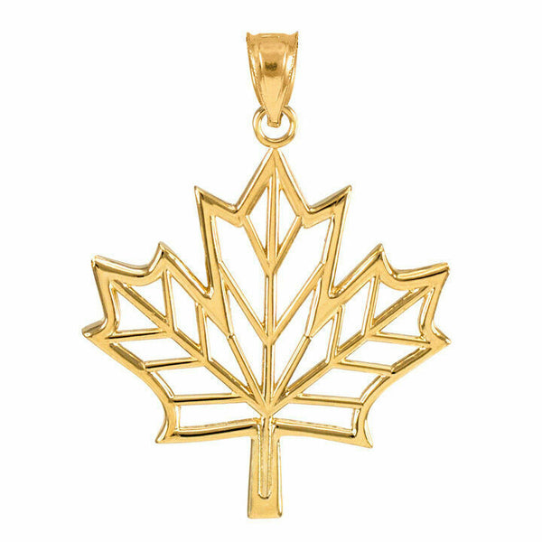 10K Solid Yellow Gold Open Design Maple Leaf Pendant Necklace