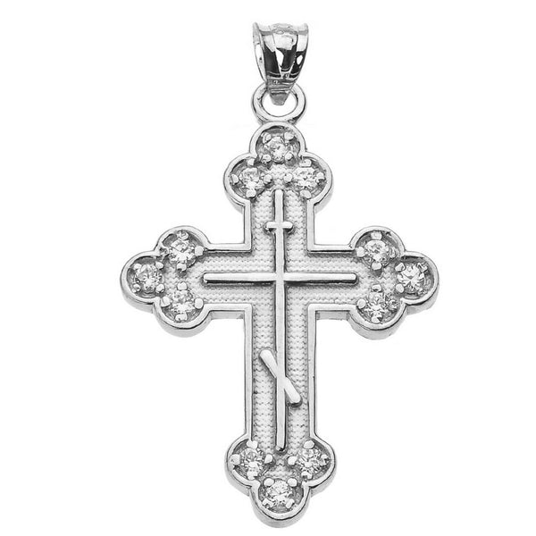Solid 14k White Gold Diamond Eastern Orthodox Cross Pendant Necklace