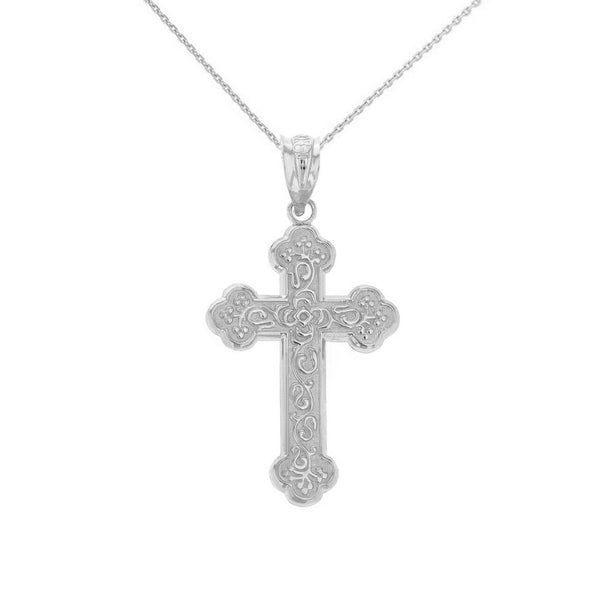 .925 Sterling Silver Greek Orthodox Floral Rose Cross Pendant Necklace