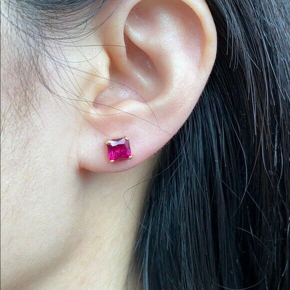14K Solid Gold Square Shape Red CZ Stud Earrings - Minimalist