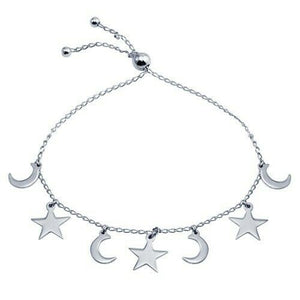 925 Sterling Silver Crescent Moon Star Dangle Bracelet 7"-7.5" Adjustable