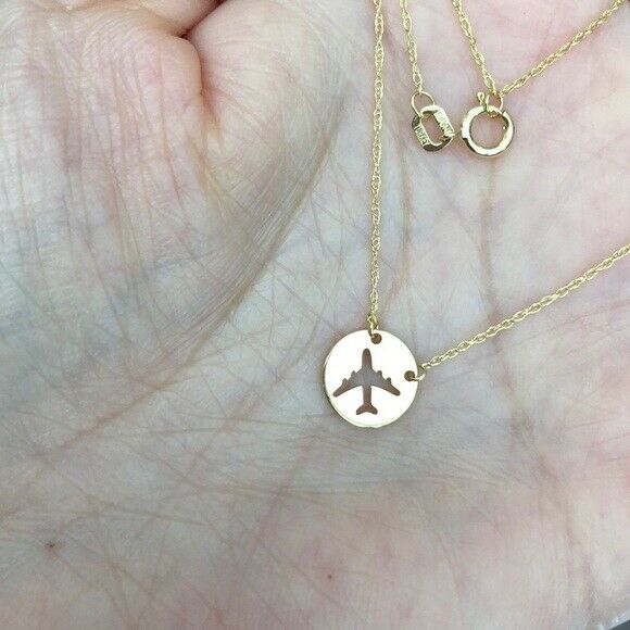 14K Solid Gold Mini Disk Disc Air Plane Dainty Necklace - Minimalist Yellow