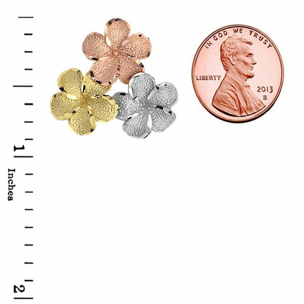 14K Solid Gold Plumeria Flowers In Tri Color Pendant Necklace.