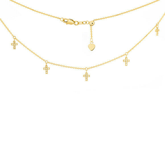 14K Solid Yellow Gold 5 Mini Crosses Dangle Adjustable Choker Necklace 16"