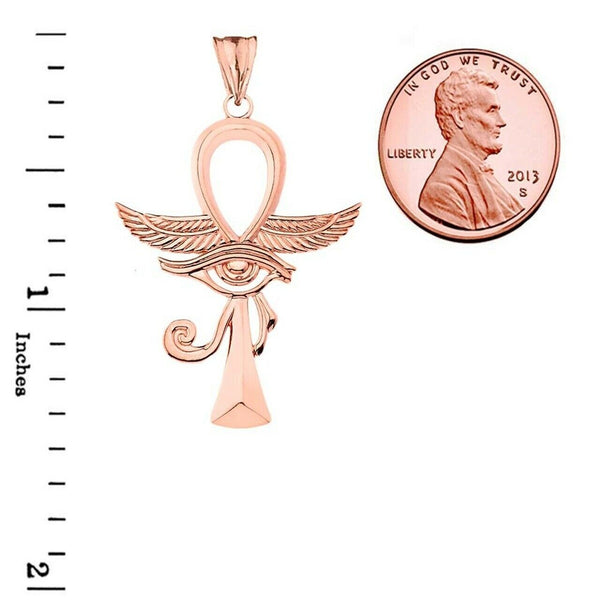 10k Solid Rose Gold Ankh With Eye of Horus Pendant Necklace