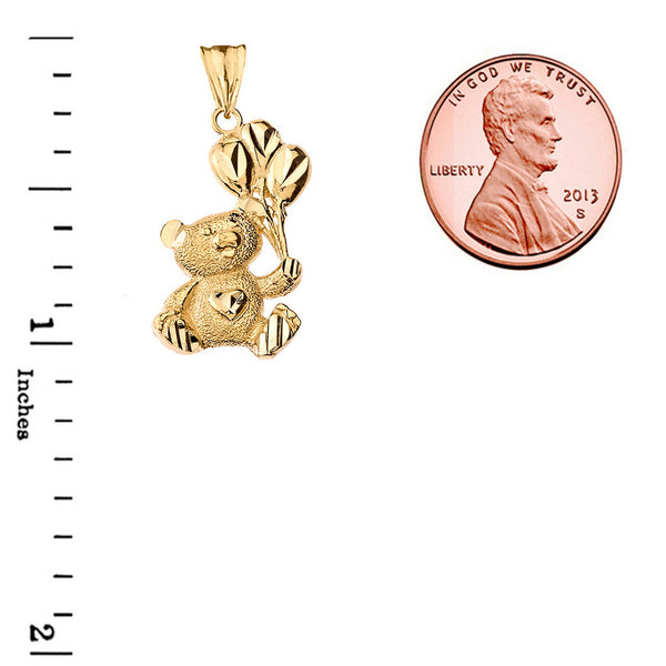 10K Solid Gold Teddy Bear with Balloon Pendant Necklace -Yellow, Rose, or White