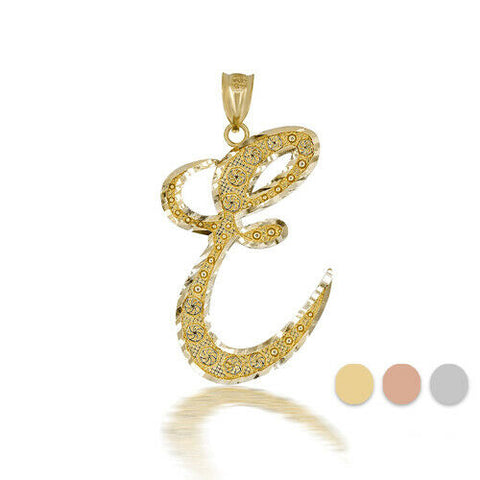 10k Solid Yellow Gold Cursive Initial Letter E Pendant Necklace