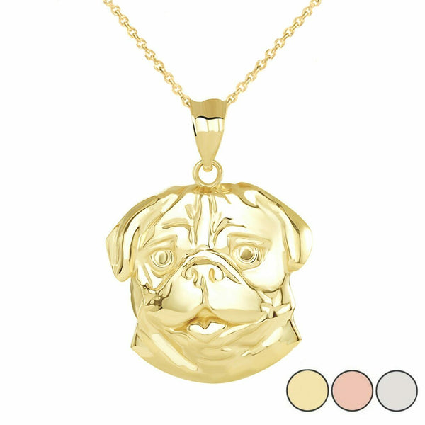 14k Solid Yellow Gold Pug Head Pendant Necklace 16", 18", 20", 22"