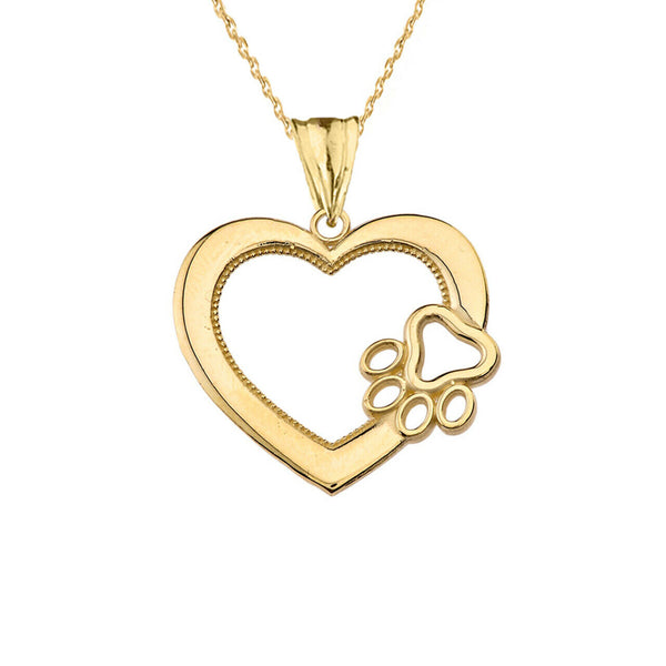 Solid 10k Yellow Gold Heart Paw Print Pendant Necklace 16" 18" 20" 22"
