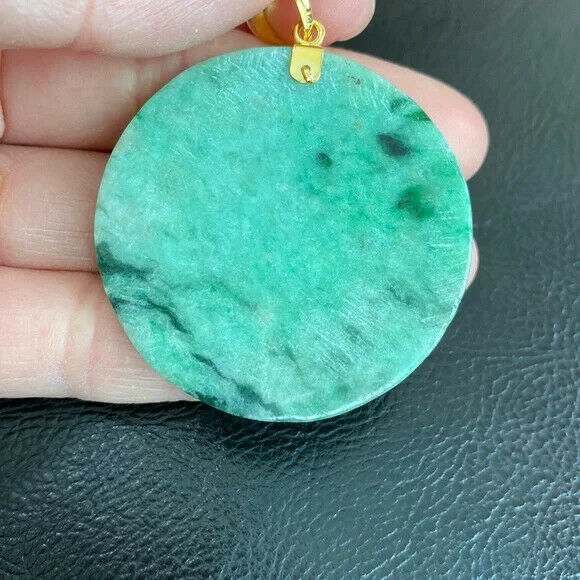 14K Solid Real Gold Carved Jade Plain Green Round Pendant Large