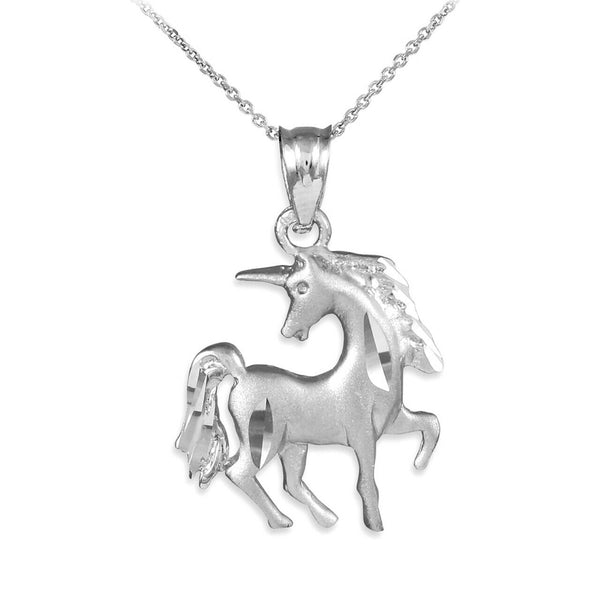 Sterling Silver Satin Finish Diamond Cut Silver Unicorn Charm Pendant Necklace