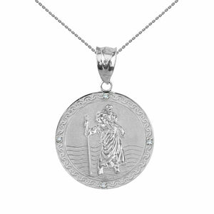 .925 Sterling Silver Saint Christopher Circle Medallion 4 CZ 1" Pendant Necklace