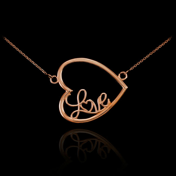 14K Rose Gold Dainty Sideways Open Heart Love Script Necklace Valentine's Day