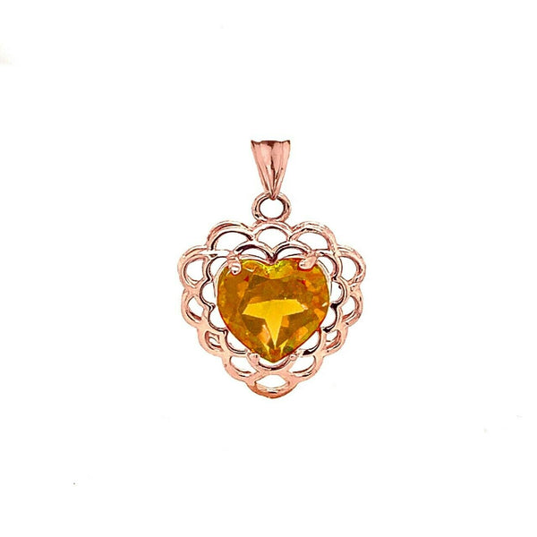 10k 14k Solid Gold Citrine Filigree Heart November Birthstone Pendant Necklace