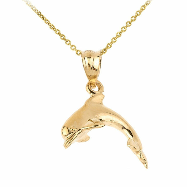14k Solid Yellow Gold Shinning Dolphin Pendant Necklace