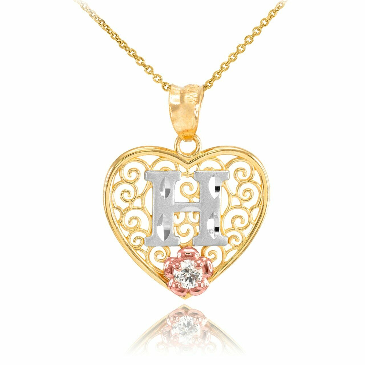 10k Solid Gold Initial Letter H Heart Filigree CZ Pendant Necklace