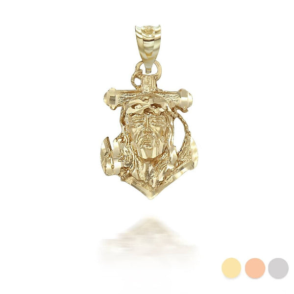 14k Solid Gold Jesus Face Anchor Pendant - Yellow, Rose, or White