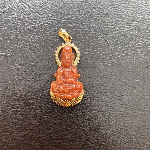 14K Real Gold Natural Red Jade Guanyin Kwan Yin Female Buddha Pendant Diamond