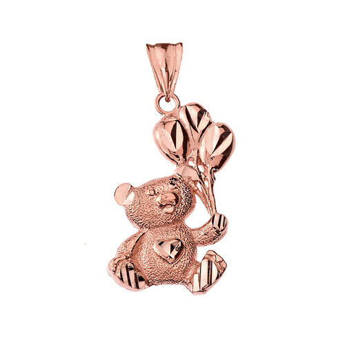 10K Solid Gold Teddy Bear with Balloon Pendant Necklace -Yellow, Rose, or White