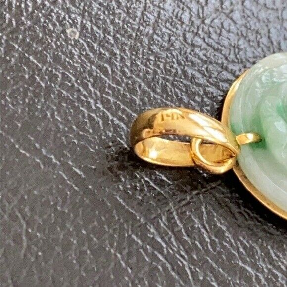 14K Solid Real Yellow Gold Natural Jadeite Jade Kwan Yin Lady Buddha Pendant 702