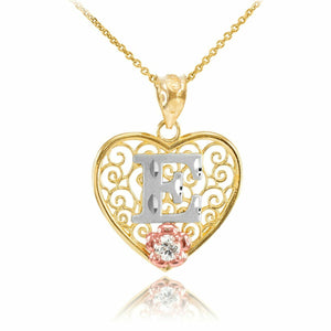 10k Solid Gold Initial Letter E Heart Filigree Pendant Necklace CZ