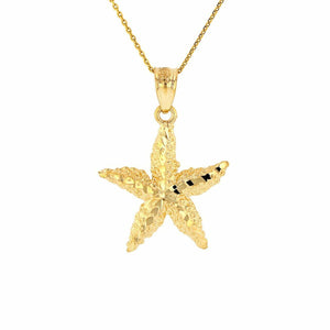 14k Solid Yellow Gold Diamond Cut Starfish Sea Star Pendant Necklace
