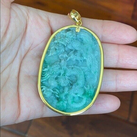 14K Solid Gold Carved Dragon Phoenix Natural Jadeite Jade Pendant Large Mens