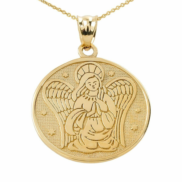 10k Solid Two Sided Yellow Gold Praying Guardian Angel Charm Pendant Necklace