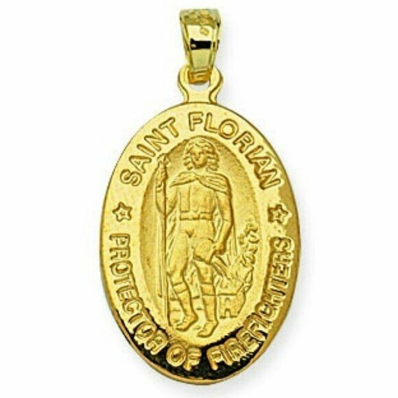 14k Solid Real Yellow Gold St. Saint Florian Oval Medal Pendant Charm