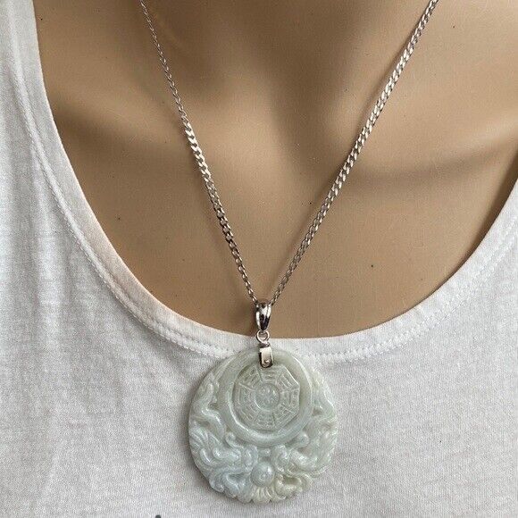 925 Sterling Silver Carving Jade Dragon Phoenix Yin Yang Pendant Necklace