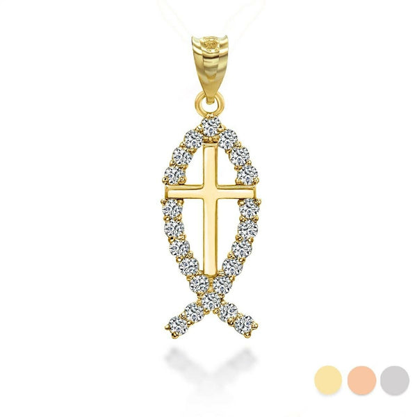 10K Solid Gold Christian Cross Jesus Christ Ichthus Fish Pendant Necklace