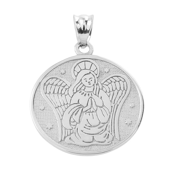 14k Solid Two Sided White Gold Guardian Angel Charm Pendant Necklace