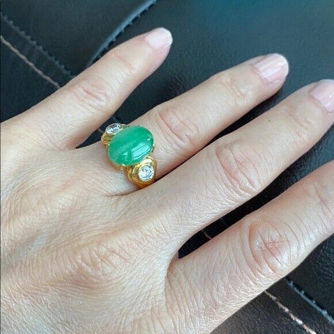 14K Solid Yellow Gold Oval Green Jade CZ Ring Size 5.5