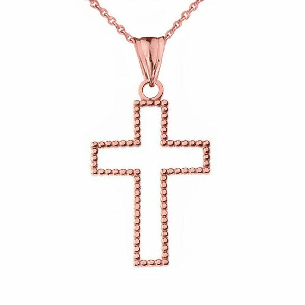 10k or 14k Solid Gold Two Sided Beaded Open Cross 1.2" Pendant Necklace