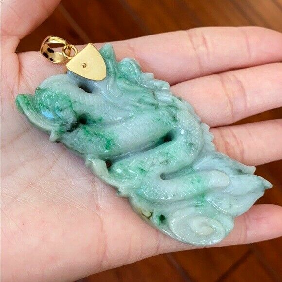 14K Large Real Gold Natural Jadeite Jade Carved Dragon Pendant 706 Heavy Thick